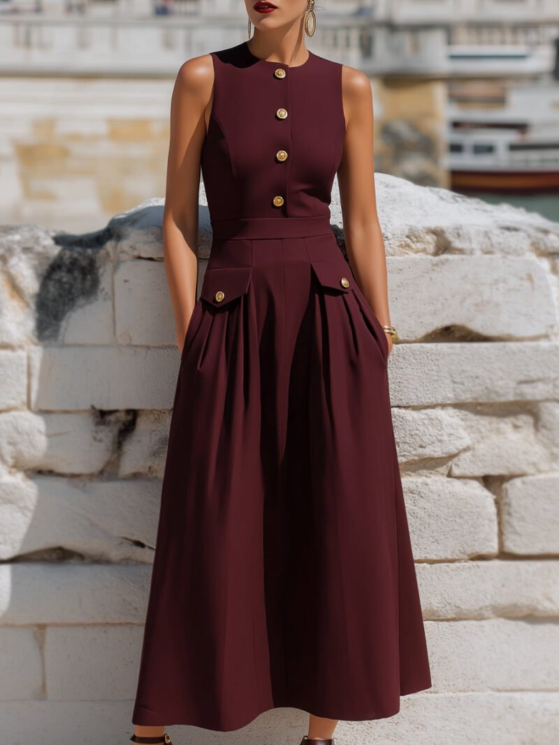Sleeveless Button-Front Maxi Dress With Structured Pleat Detail