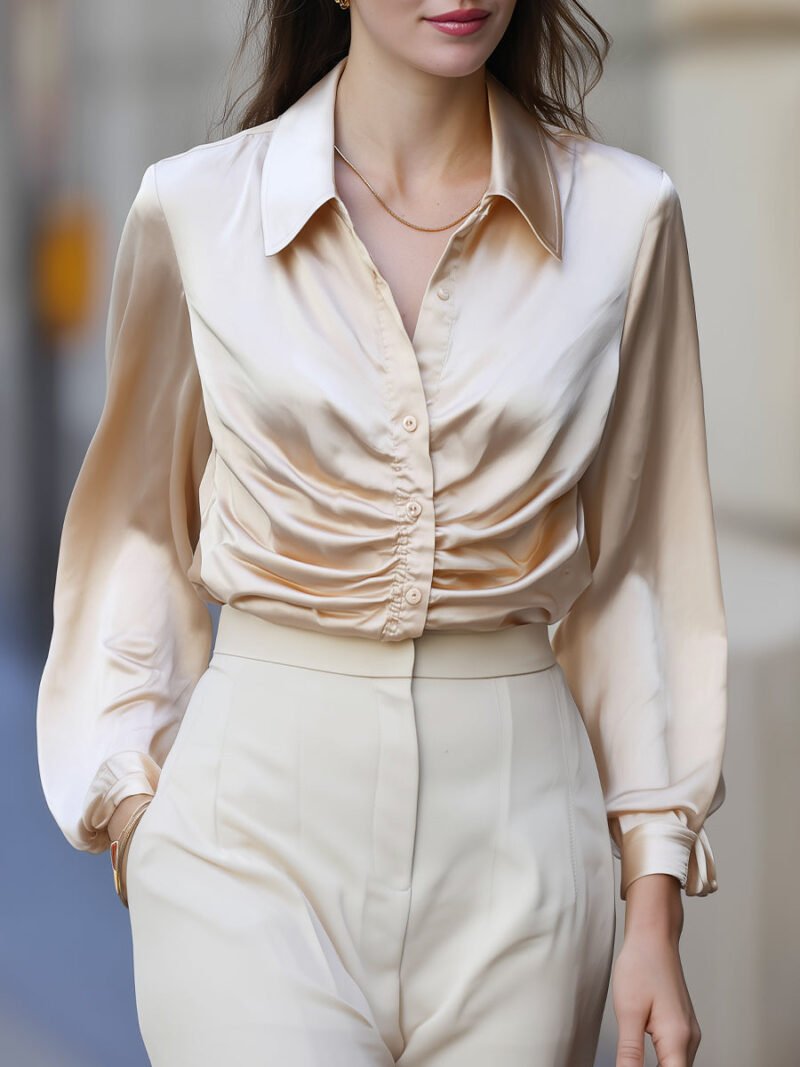 Champagne Satin Ruched Button-Down Blouse