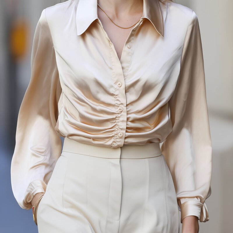 Champagne Satin Ruched Button-Down Blouse