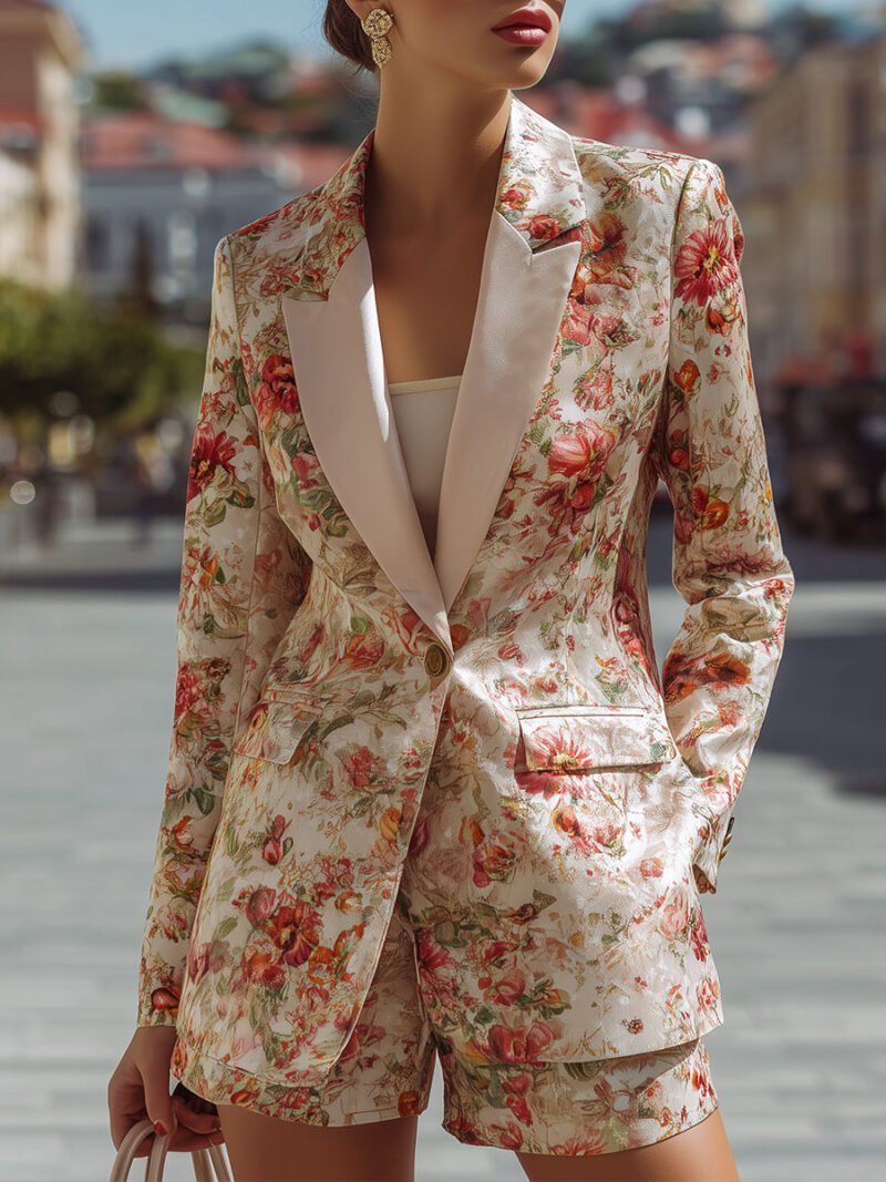 Floral Satin Blazer And Shorts Set
