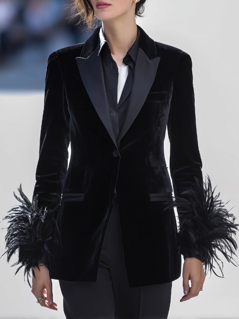 Black Velvet Blazer With Feather Cuff Detail