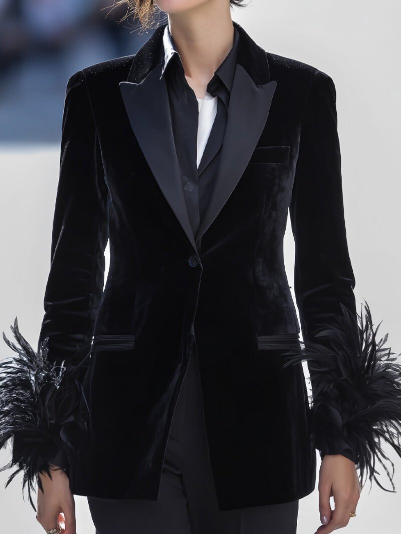 Black Velvet Blazer With Feather Cuff Detail - Image 2