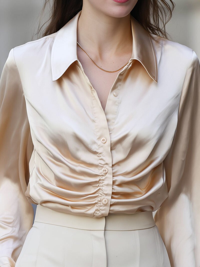 Champagne Satin Ruched Button-Down Blouse - Image 3