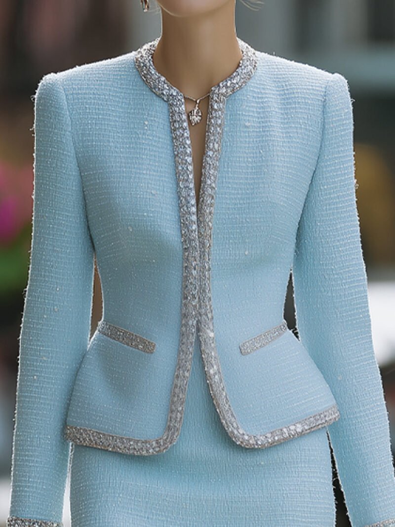 Elegant Plain Tweed Skirt Suit With Silver Trim - Image 3