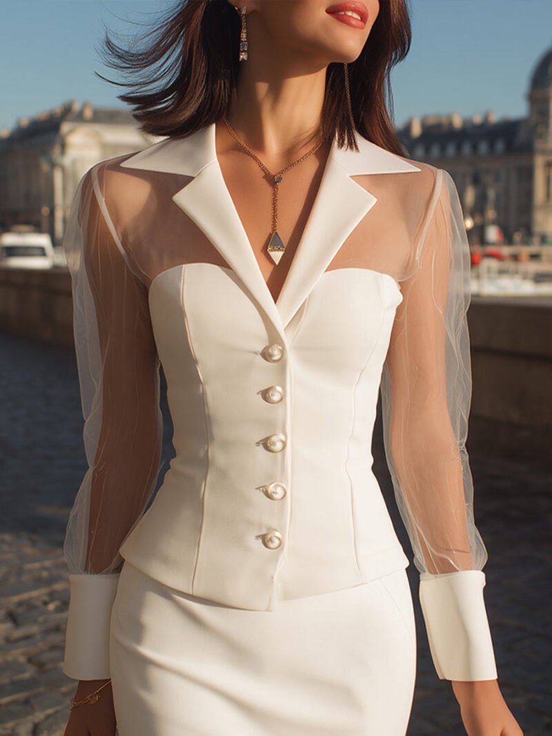 Elegant Sheer Panel White Skirt Suit With Pearl Buttons - Image 2