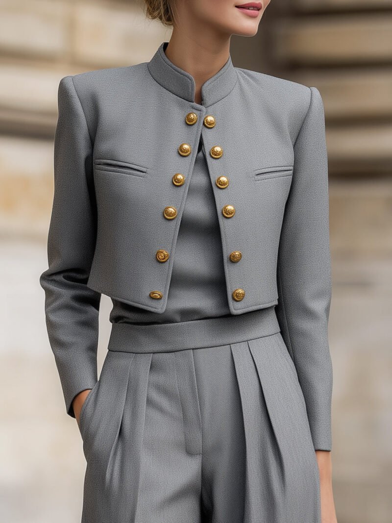 Cropped Jacket And Pleated Trousers Set With Decorative Buttons - Image 2