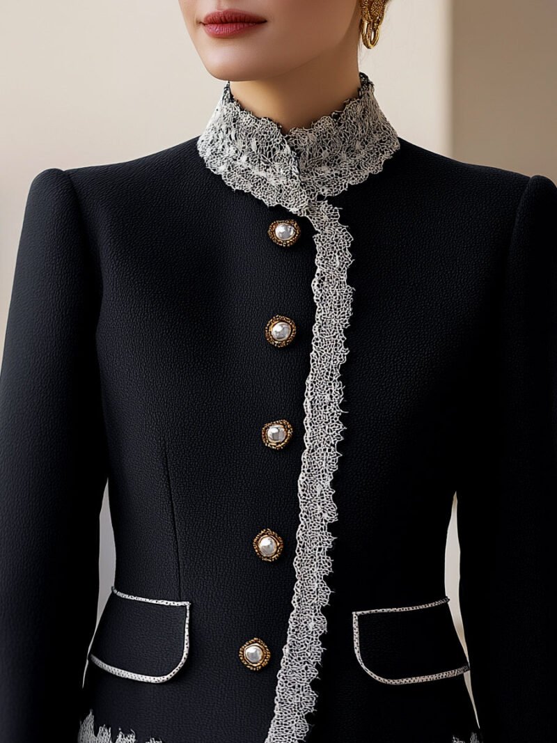 Elegant Pearl Button Blazer With Contrast Lace Trim - Image 2