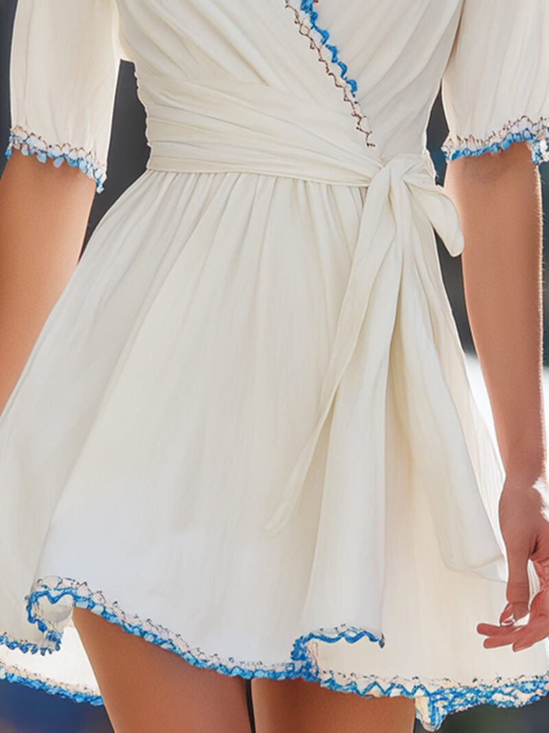 White Wrap Mini Dress with Blue Crochet Trim - Image 3