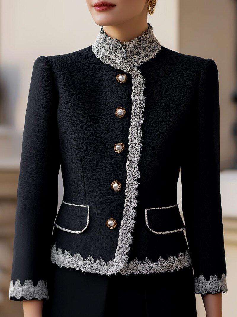 Elegant Pearl Button Blazer With Contrast Lace Trim