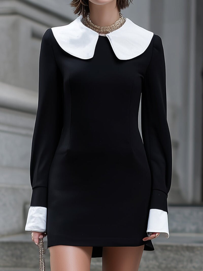 Black Contrast-Collar Mini Dress With White Cuffs - Image 2