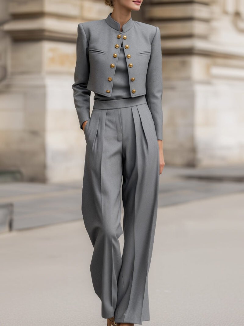 Cropped Jacket And Pleated Trousers Set With Decorative Buttons