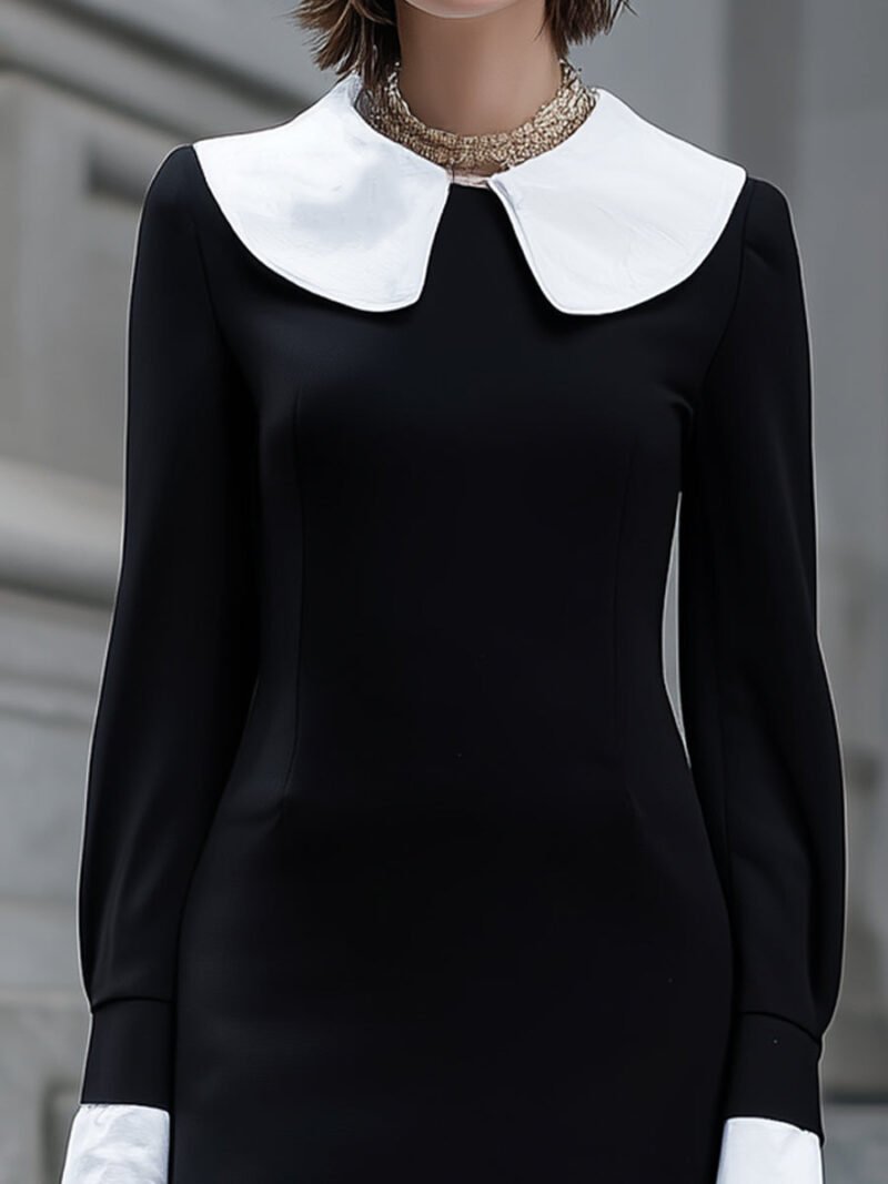 Black Contrast-Collar Mini Dress With White Cuffs - Image 3