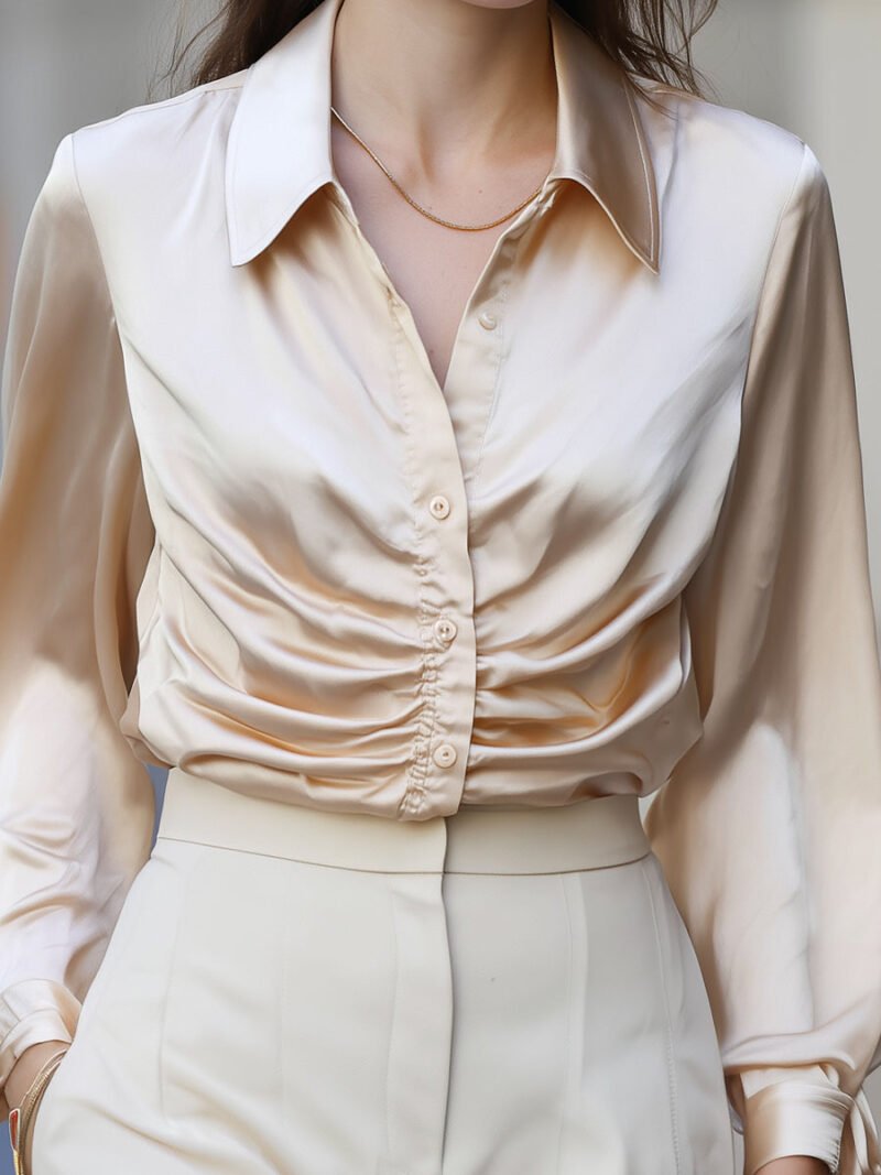 Champagne Satin Ruched Button-Down Blouse - Image 2
