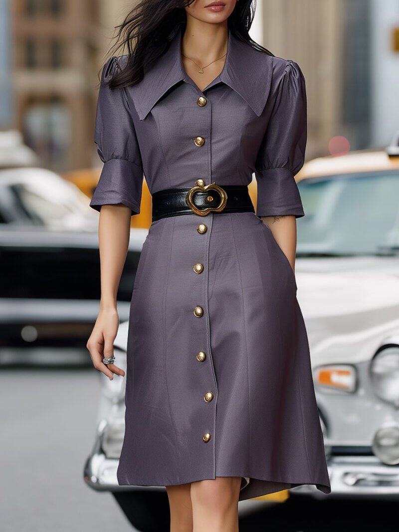 Structured Button-Down Shirt Dress With Puff Sleeves And Belt