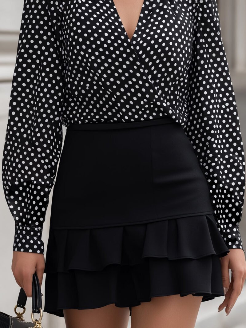 Polka Dot Wrap Blouse & Ruffled Mini Skirt Set - Image 3