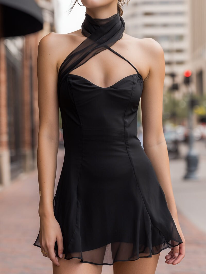 Black Chiffon Halter Mini Dress With Sheer Scarf Detail