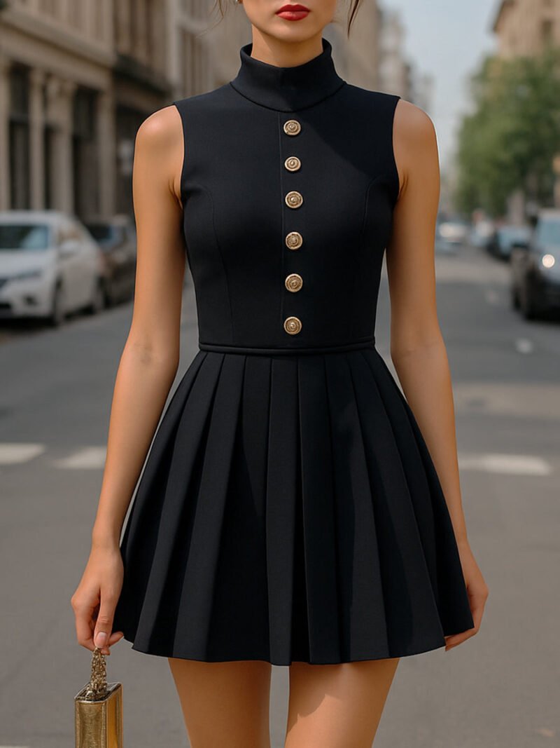 Elegant High-Neck Sleeveless Black Mini Dress