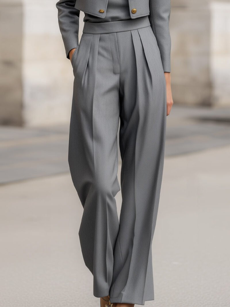 Cropped Jacket And Pleated Trousers Set With Decorative Buttons - Image 3
