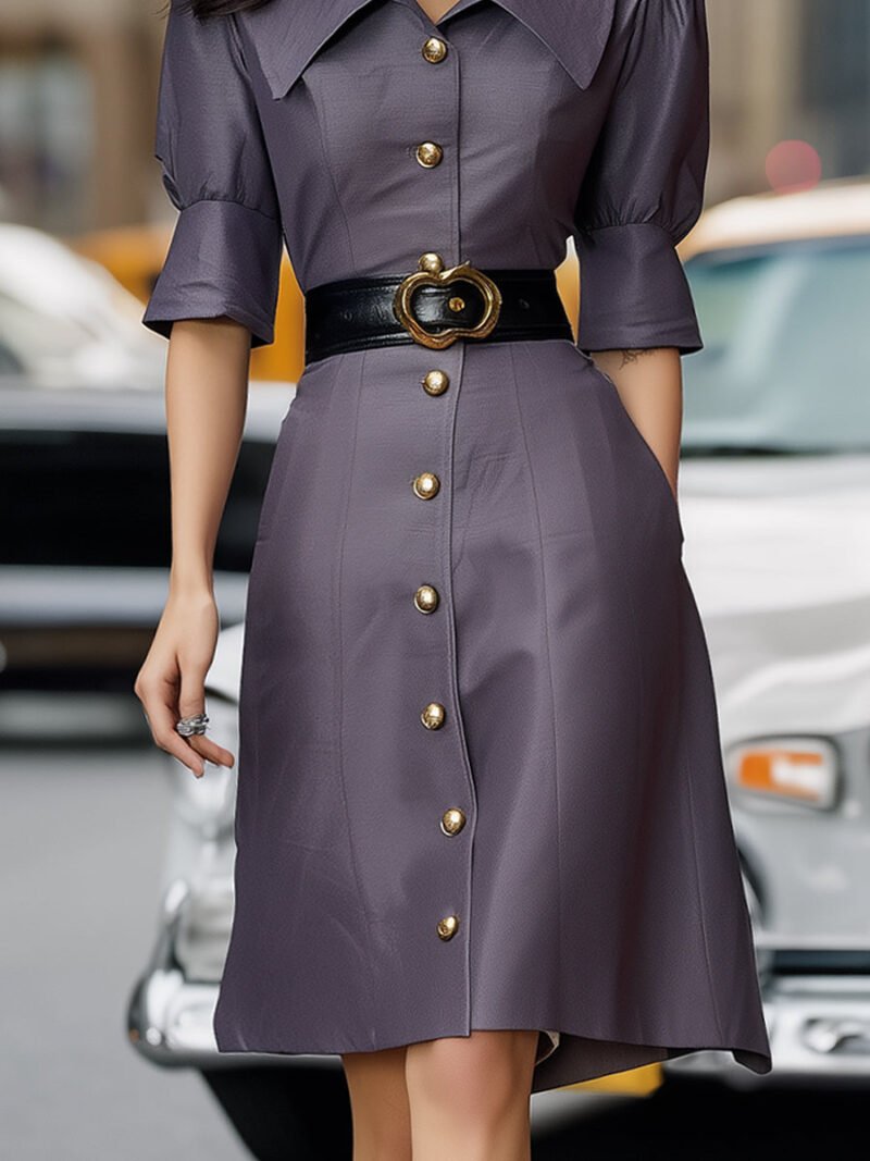 Structured Button-Down Shirt Dress With Puff Sleeves And Belt - Image 3