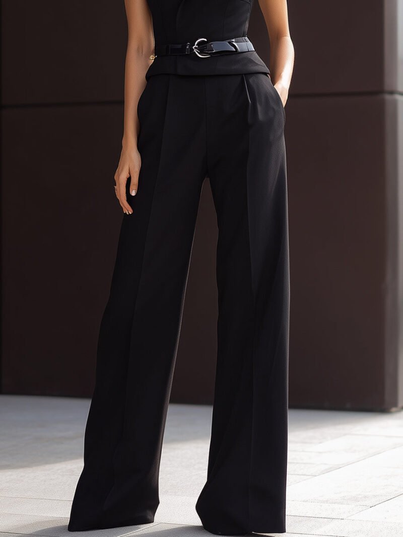 Black Asymmetrical One-Shoulder Top & Wide-Leg Pants Set - Image 3