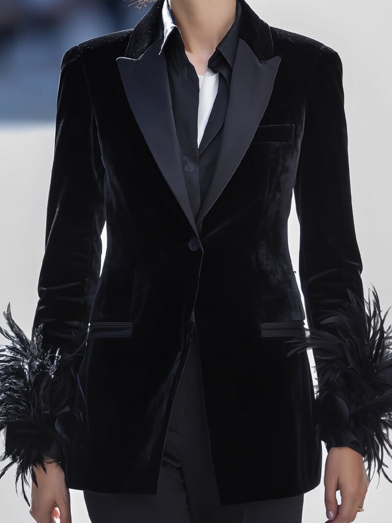 Black Velvet Blazer With Feather Cuff Detail - Image 3