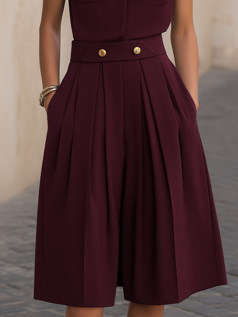 Sleeveless Stand Collar Blouse & Pleated Culotte Set - Image 3
