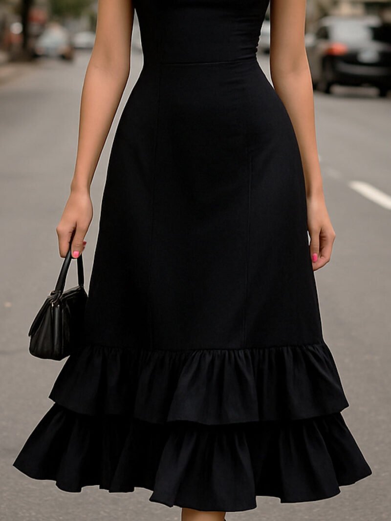 Elegant Black Ruffled Hem Midi Dress With Ruched Straps - Image 3