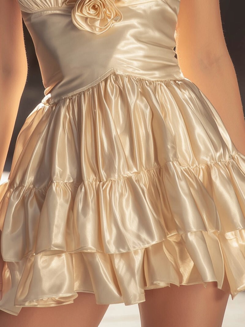 Champagne Satin Ruffle Mini Dress With Rose-Detail Halter Neck - Image 3